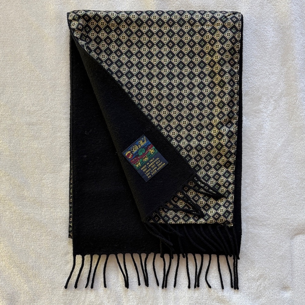 Vintage Men’s Modena Silk & Wool Black Geometric Reversible Fringe Scarf ITALY